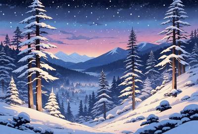 The primary subject of the image is a snowy mountain landscape with a forest of pine trees. The setting is a winter night with a starry sky, creating a serene and peaceful atmosphere. The visual style is a combination of digital art and illustration, giving the scene a realistic and detailed appearance. The dominant colors are shades of blue, white, and gray, which are associated with the night sky and snowy landscape.